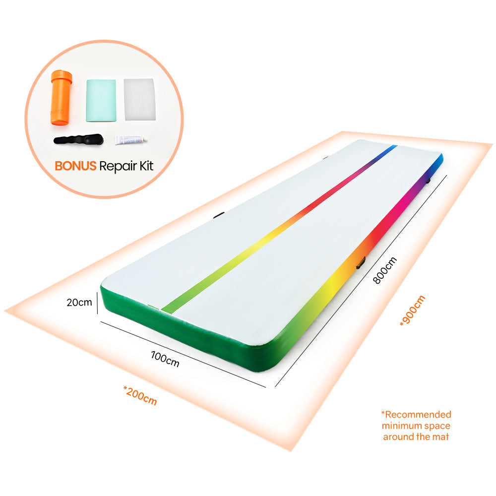 PROFLEX 800x100x20cm Inflatable Air Track Gymnastics Tumbling Mat, Multicolour, with Electric Pump