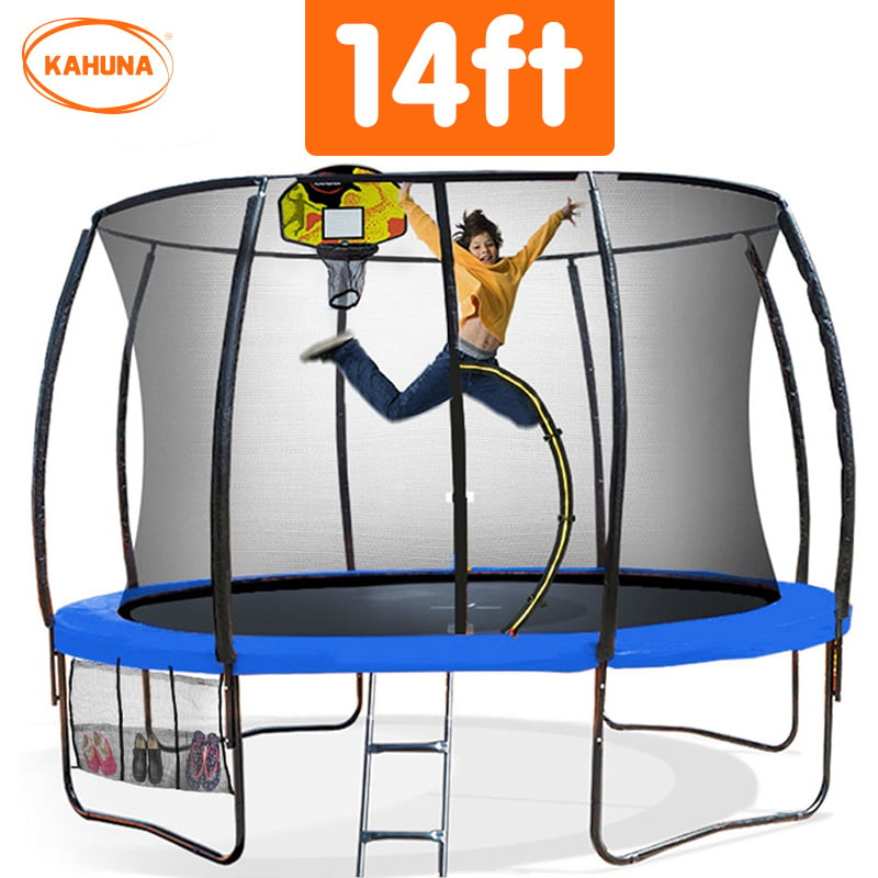 Kahuna 14ft Outdoor Trampoline Kids Children With Safety Enclosure Pad Mat Ladder Basketball Hoop Set