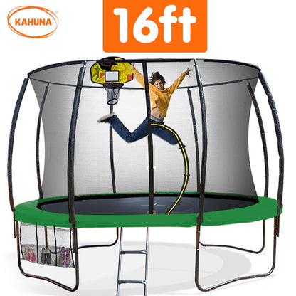 Kahuna 16ft Outdoor Trampoline Kids Children With Safety Enclosure Pad Mat Ladder Basketball Hoop Set