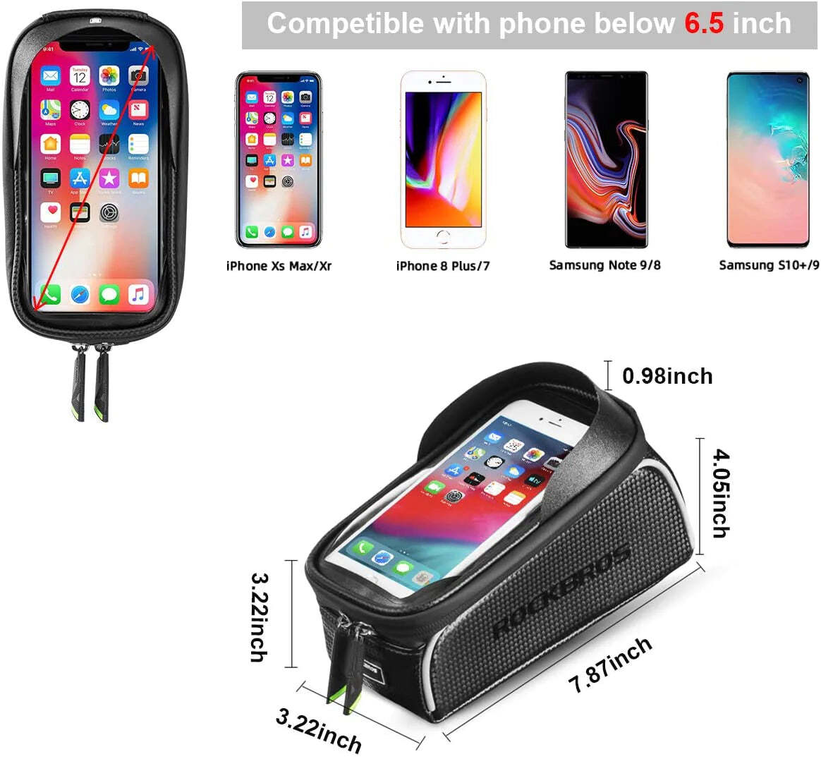 Top Tube Bike Bag With Phone Case Holder Plastic Cover for MTB Mountain Road Commuter Ebike Tourer or Scooter Rockbros